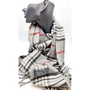 Vintage Burberrys 100% Lambswool Scarf Grey Black Brown Red Plaid Check